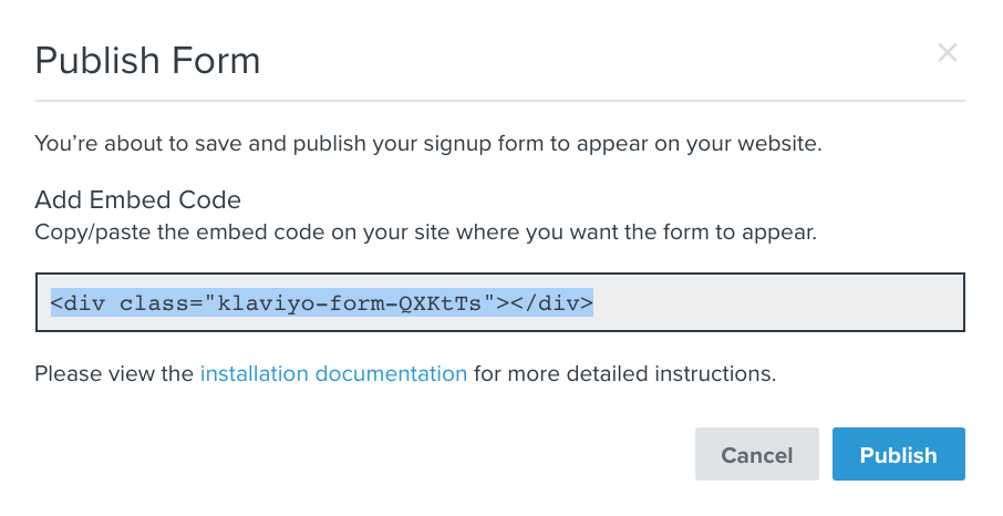 Example of embed code when a form is about to be published