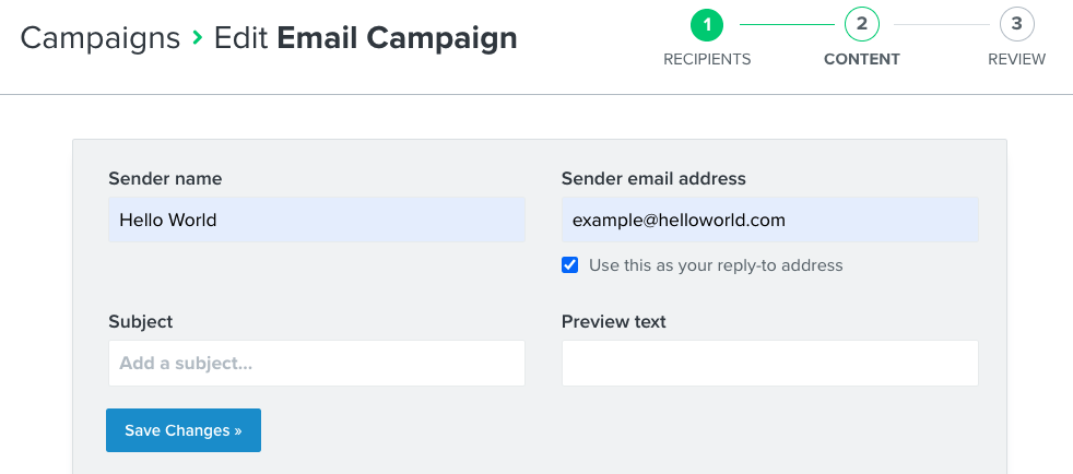 Inside the campaign editor with fields to setup sender name, email address, subject, and preview text.