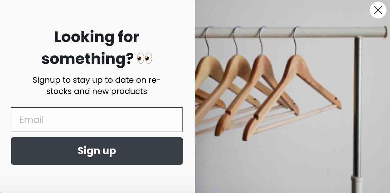 Form with text Looking for something? on left with email textbox and sign up with black background, and image of empty hangers on right