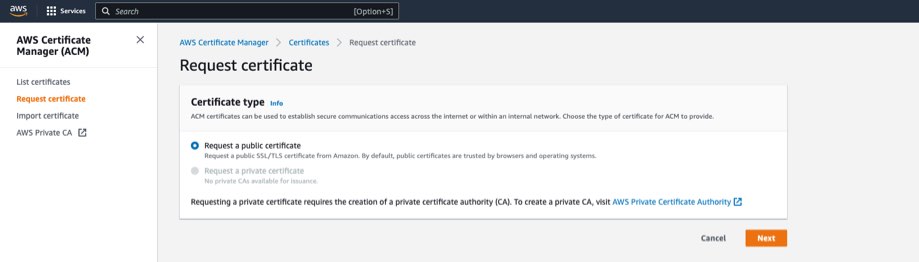 Request certificate page in Cloudfront
