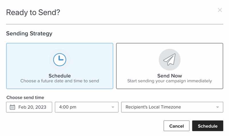 A campaign scheduling modal set to send based on recipients' local timezones