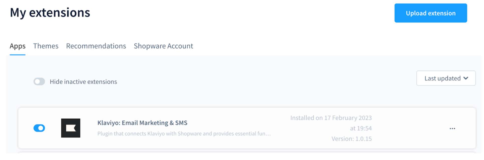 My extensions with Klaviyo: Email & SMS Marketing toggled on blue