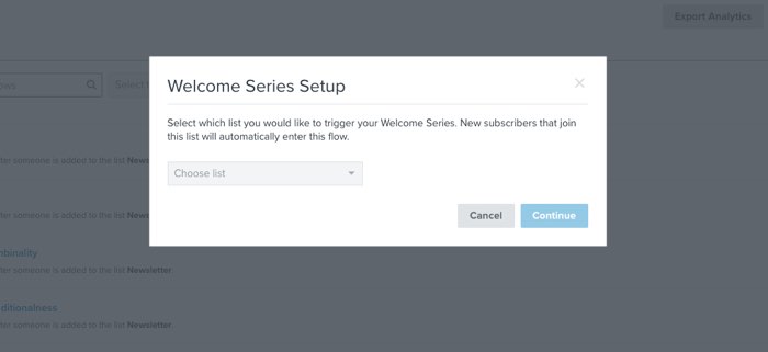 Welcome series setup modal showing a dropdown to choose a list to trigger your welcome flow.