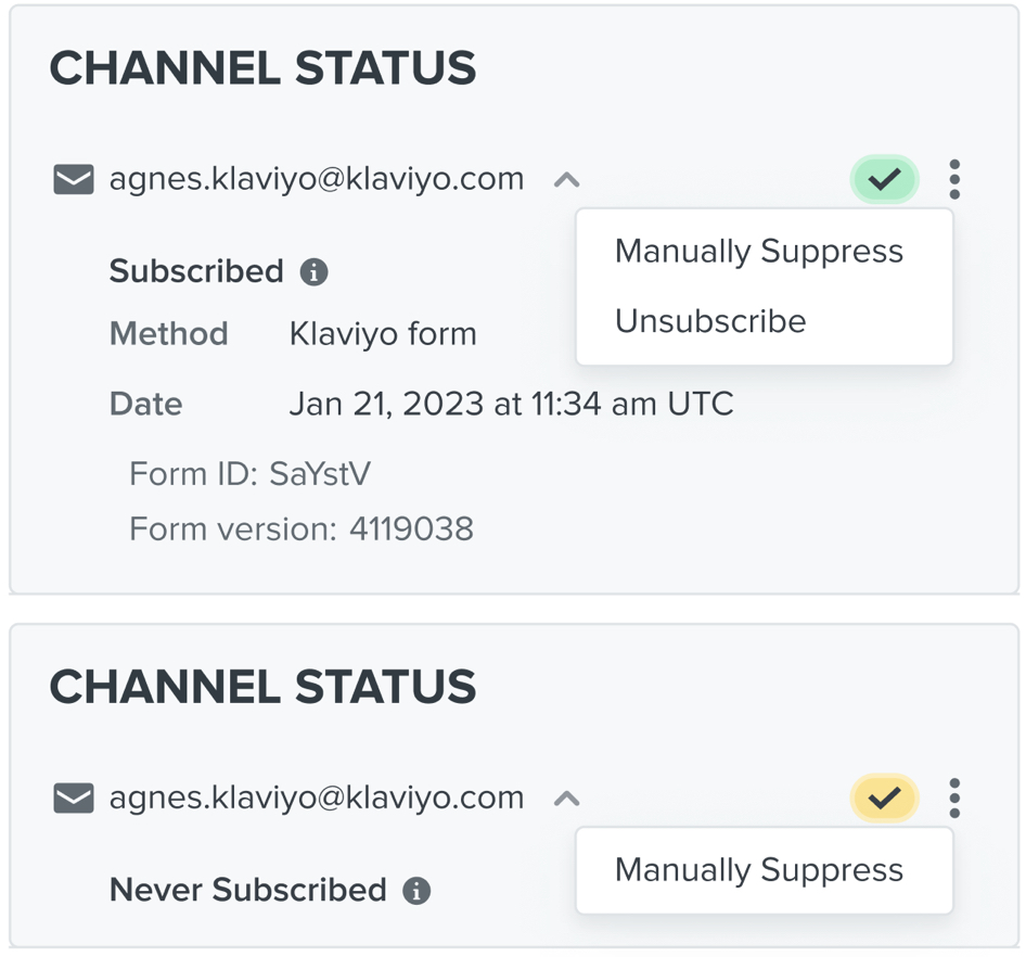 Option to unsubscribe or suppress profile in channel status section