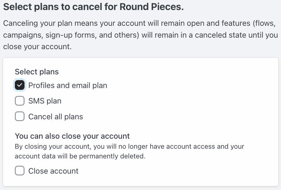 Paid plans for an account, where emails and profiles is selected