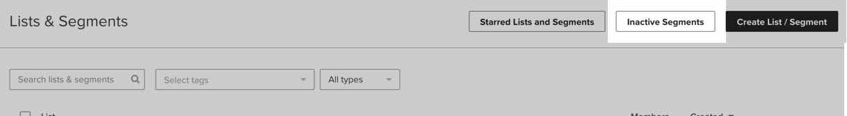 Die Schaltfläche Inaktives Segment auf der Registerkarte Liste & Segment von Klaviyo