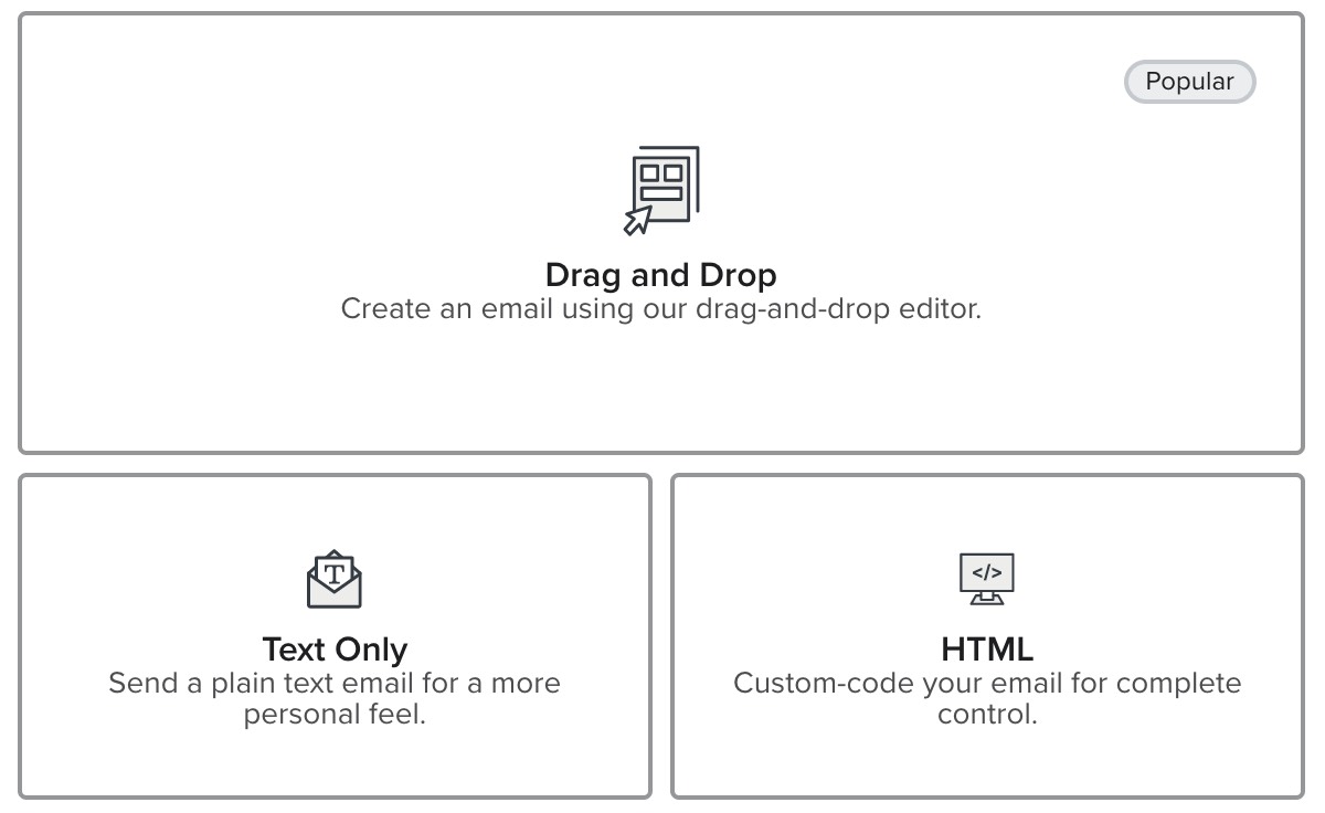 Optionen zum Ändern einer Vorlage, einschließlich Drag & Drop, nur Text und HTML.