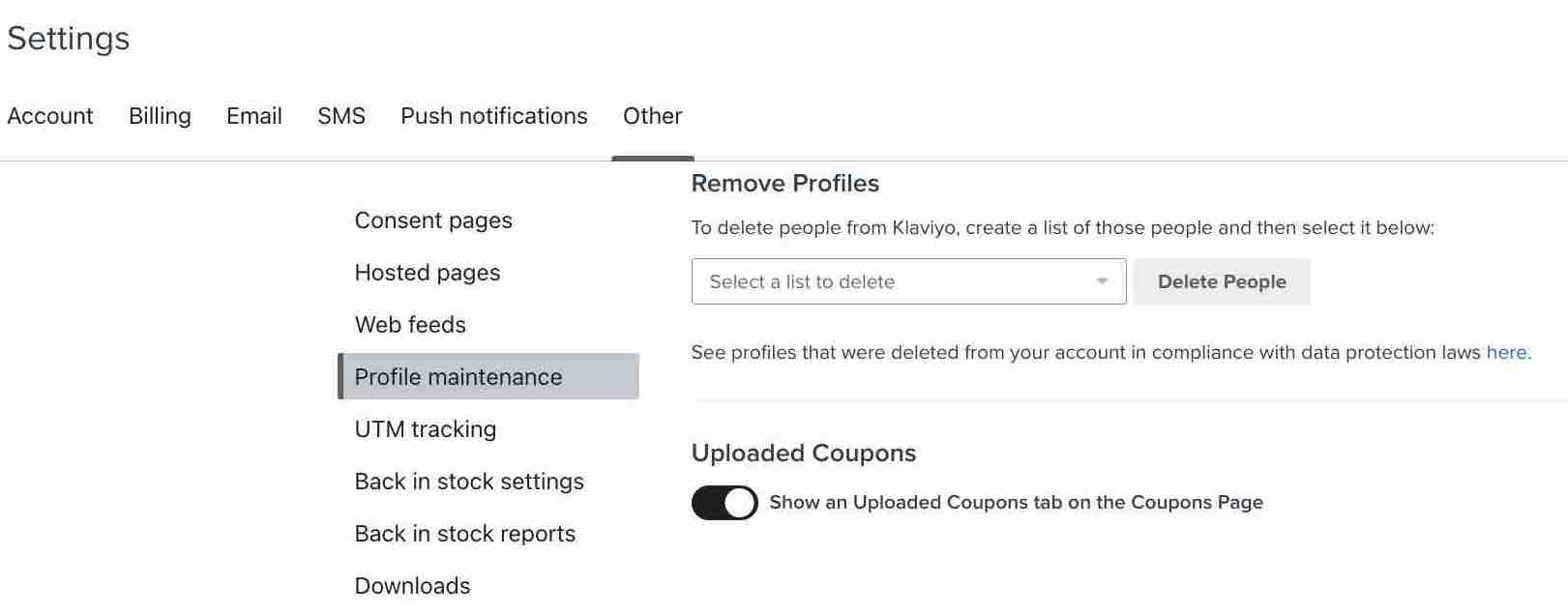 Klaviyo's Profile Maintenace page with uploaded coupons switched on