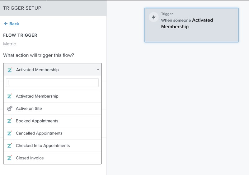 Zenoti Metrik wird bei der Auswahl eines Auslösers im Flow Builder angezeigt.
