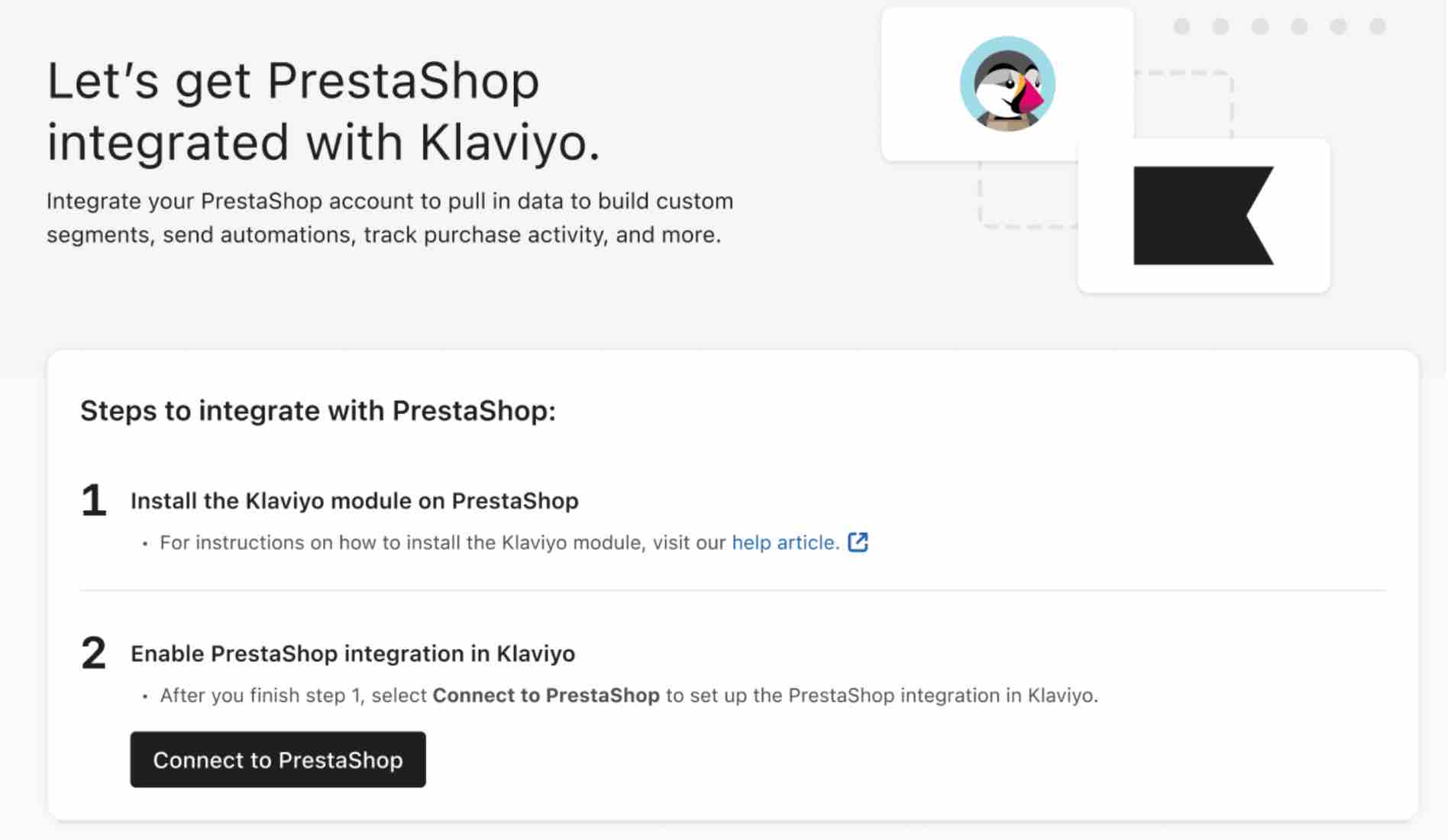 PrestaShop mit Klaviyo integrieren – Mit PrestaShop verbinden vor schwarzem Hintergrund