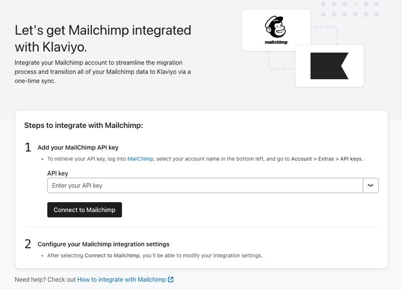 Die Einrichtungsseite für die Integration von Mailchimp in Klaviyo; der API-Schlüssel von Mailchimp wurde in das Feld für den API-Schlüssel eingefügt und das erste Kontrollkästchen unter „Erweiterte Optionen“ wurde aktiviert.