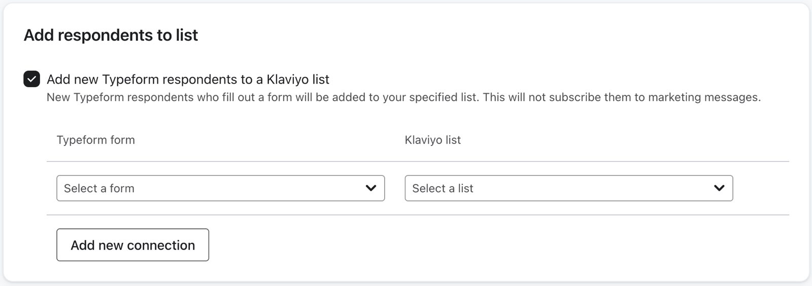 Typeform Integrationseinstellungen in Klaviyo mit aktivierter Option "Befragte zur Liste hinzufügen