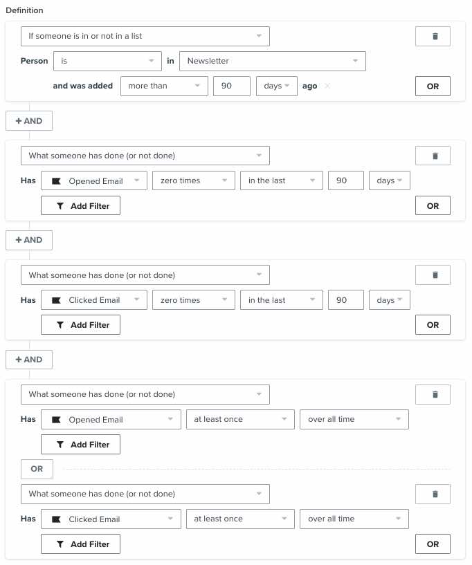 Beispiel für ein Sunset-Segment, das überprüft, ob ein Profil in den letzten 90 Tagen eine E-Mail nicht geöffnet und nicht angeklickt hat