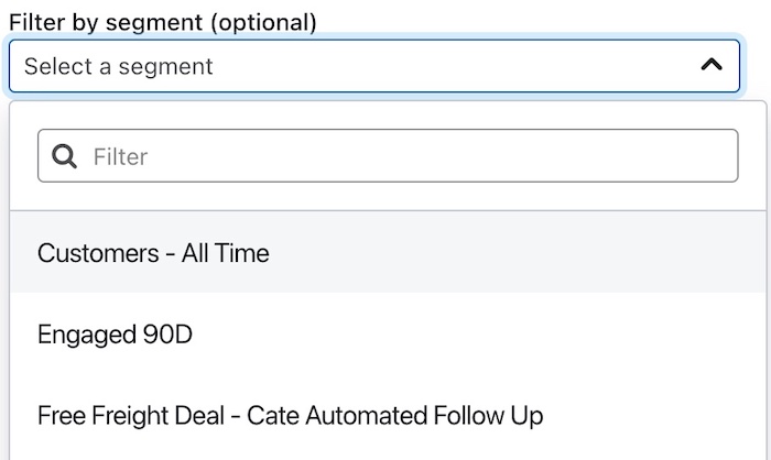 Optionales Filtern nach Segment Dropdown mit Segment zur Auswahl aus der Liste geöffnet