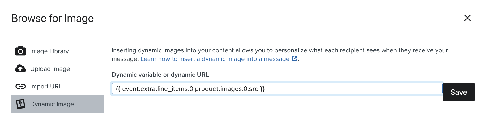 Registerkarte "Dynamisches Bild" nach Einfügen einer Beispielvariablen