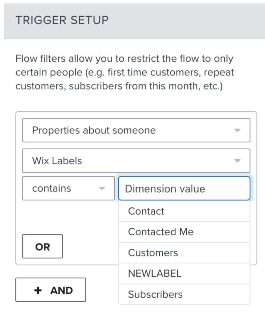 Trigger-Setup im Flow Builder mit geöffnetem Dropdown-Menü für Dimensionswerte mit Optionen wie Kontakt, Kontakt me, Abonnent usw.