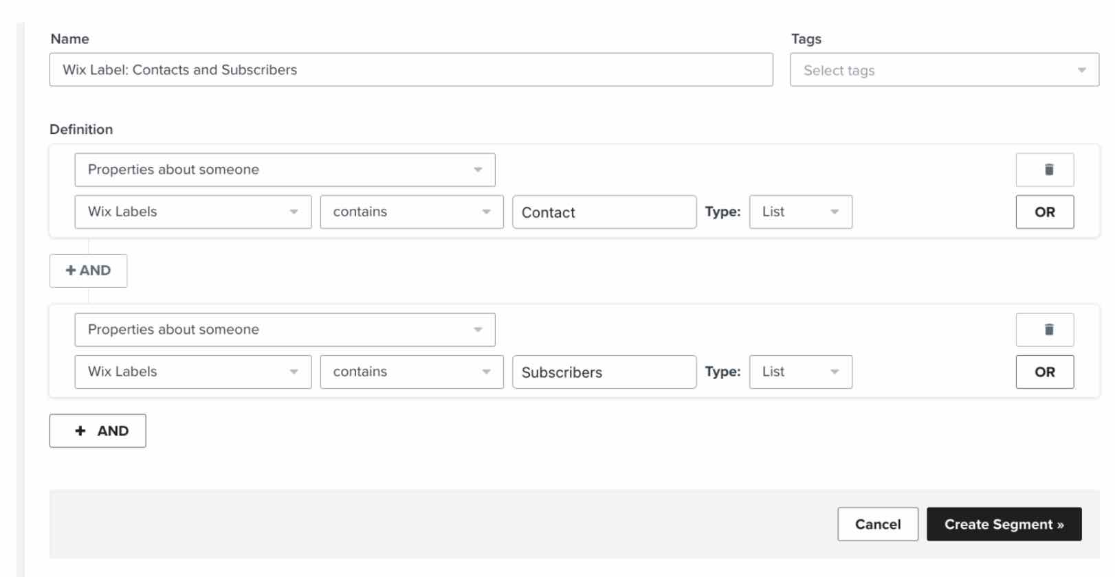 Segment builder mit Segment Wix Label Kontakt und Abonnent