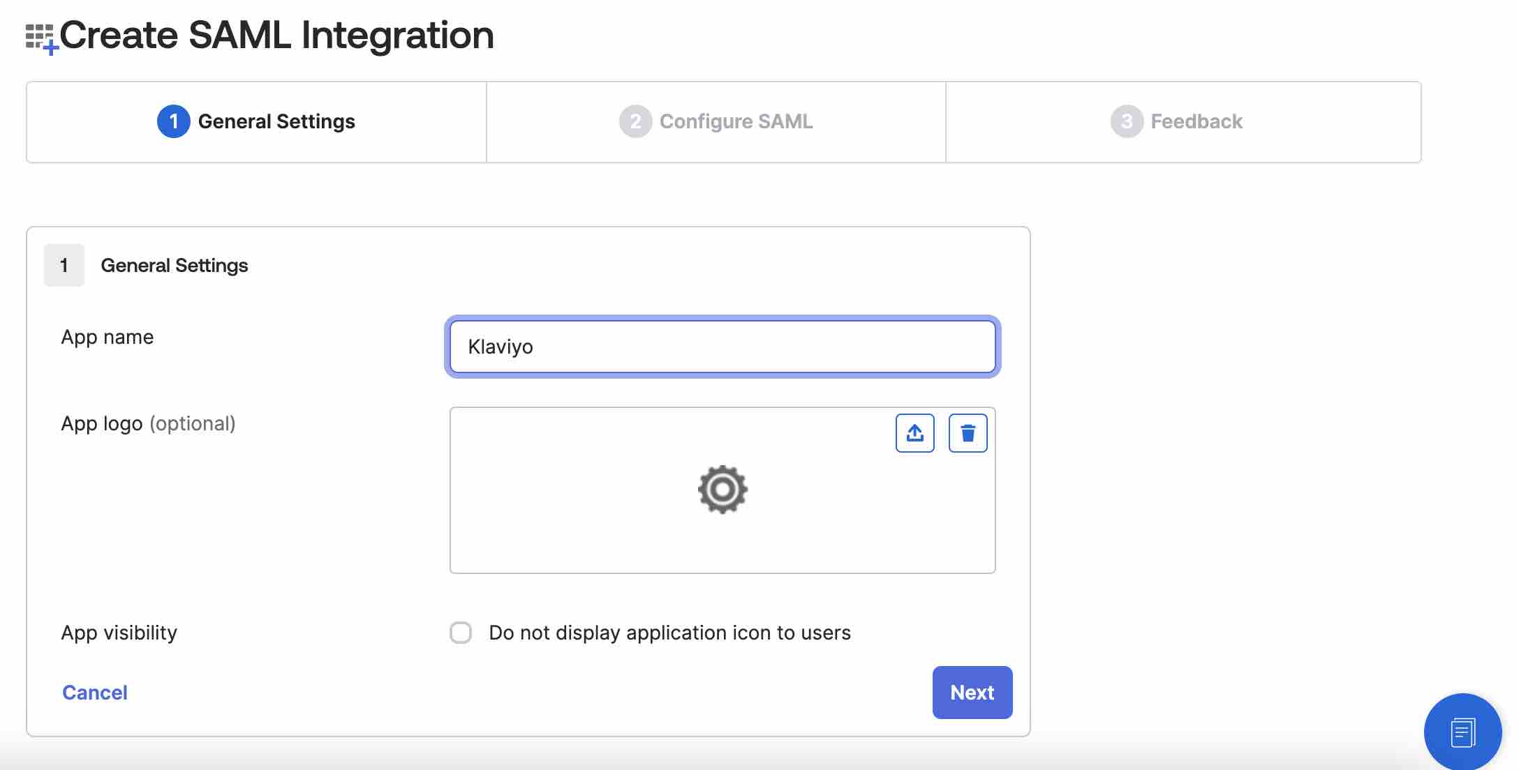 Schritt 1 des Okta-Integrationsassistenten, wo du die App benennen kannst