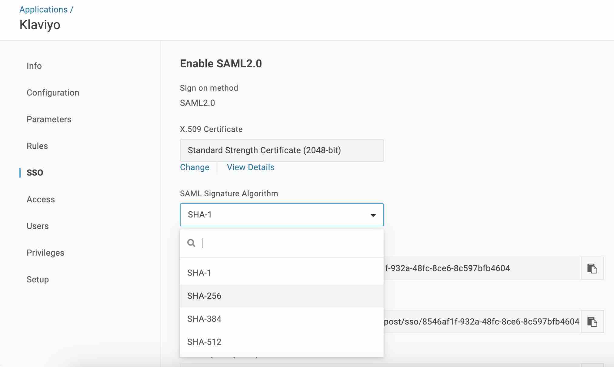 SAML-Signaturalgorithmus-Dropdown, wenn SHA-256 hervorgehoben ist