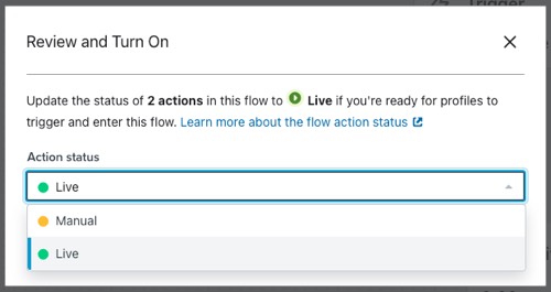 Im Modul „Alle Aktionsstatus aktualisieren“ kannst du „Entwurf“, „Manuell“ oder „Live“ auswählen.