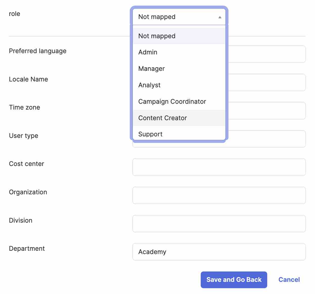 Rollen-Dropdown, das alle Werte für Rollen innerhalb von Klaviyo anzeigt