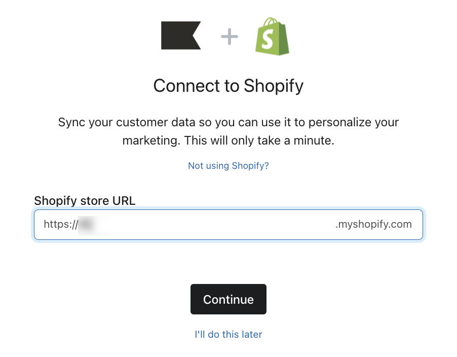 Beispiel für die Integrationsseite Shopify, auf der du aufgefordert wirst, deine Laden-URL in das unten stehende Feld einzugeben