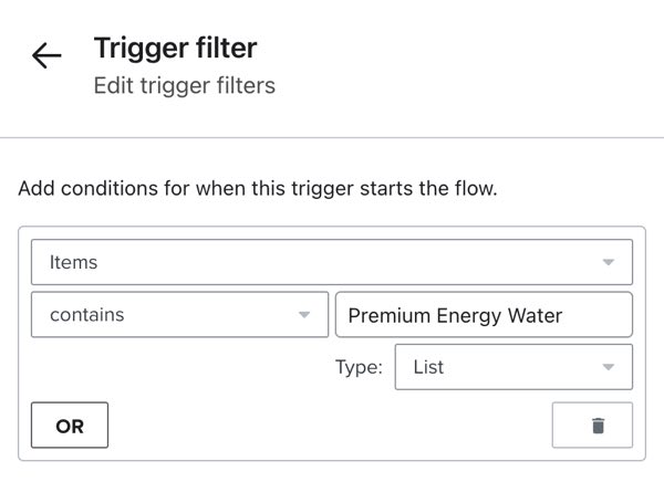 Beispiel für einen Trigger-Filter mit der Konfiguration "Artikel enthält Premium Energy Water".