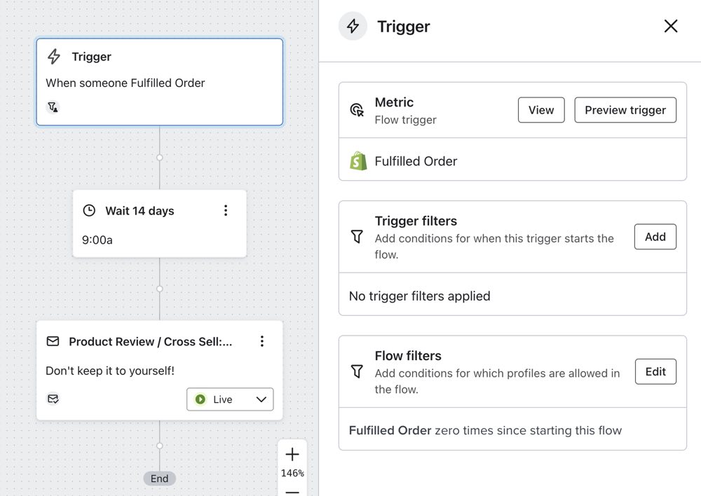 Flow Trigger mit einem Triggerfilter, der so eingestellt ist, dass er nur Personen einschließt, die seit dem Start dieses Flusses null Mal eine Bestellung erfüllt haben