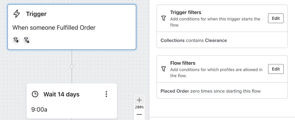 Flow Trigger mit eingestelltem Trigger-Filter, um nach Bestellungen aus einer bestimmten Sammlung zu filtern