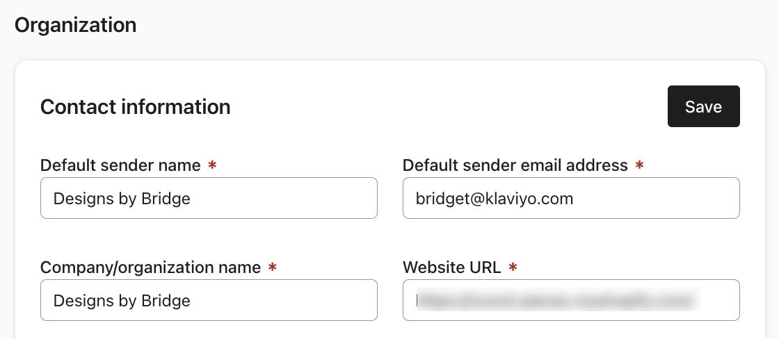 Registerkarte "Organisation", auf der du den Unternehmensnamen, den Absendernamen und mehr ändern kannst