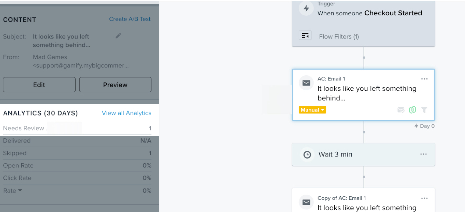 Ein Beispiel-Flow, der im Flow Builder geöffnet ist und die ausgewählte Flow-E-Mail und eine ausstehende Warnmeldung in der Registerkarte „Muss überprüft werden“ anzeigt.