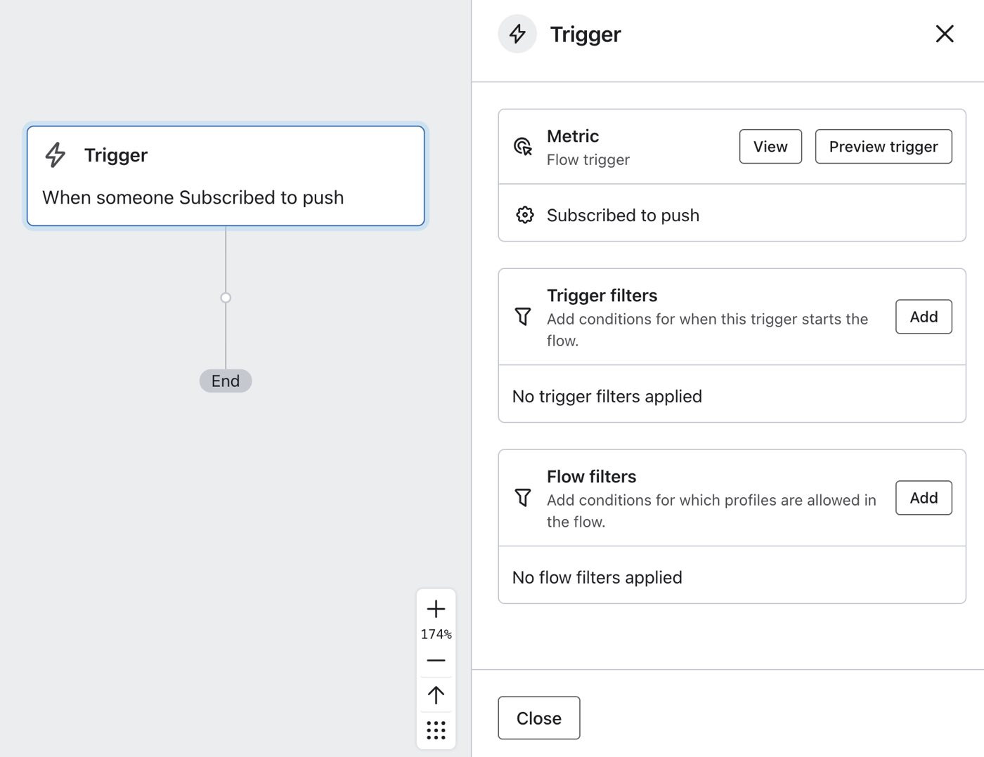 Der Flow Builder mit dem Auslöser des Flows angeklickt.