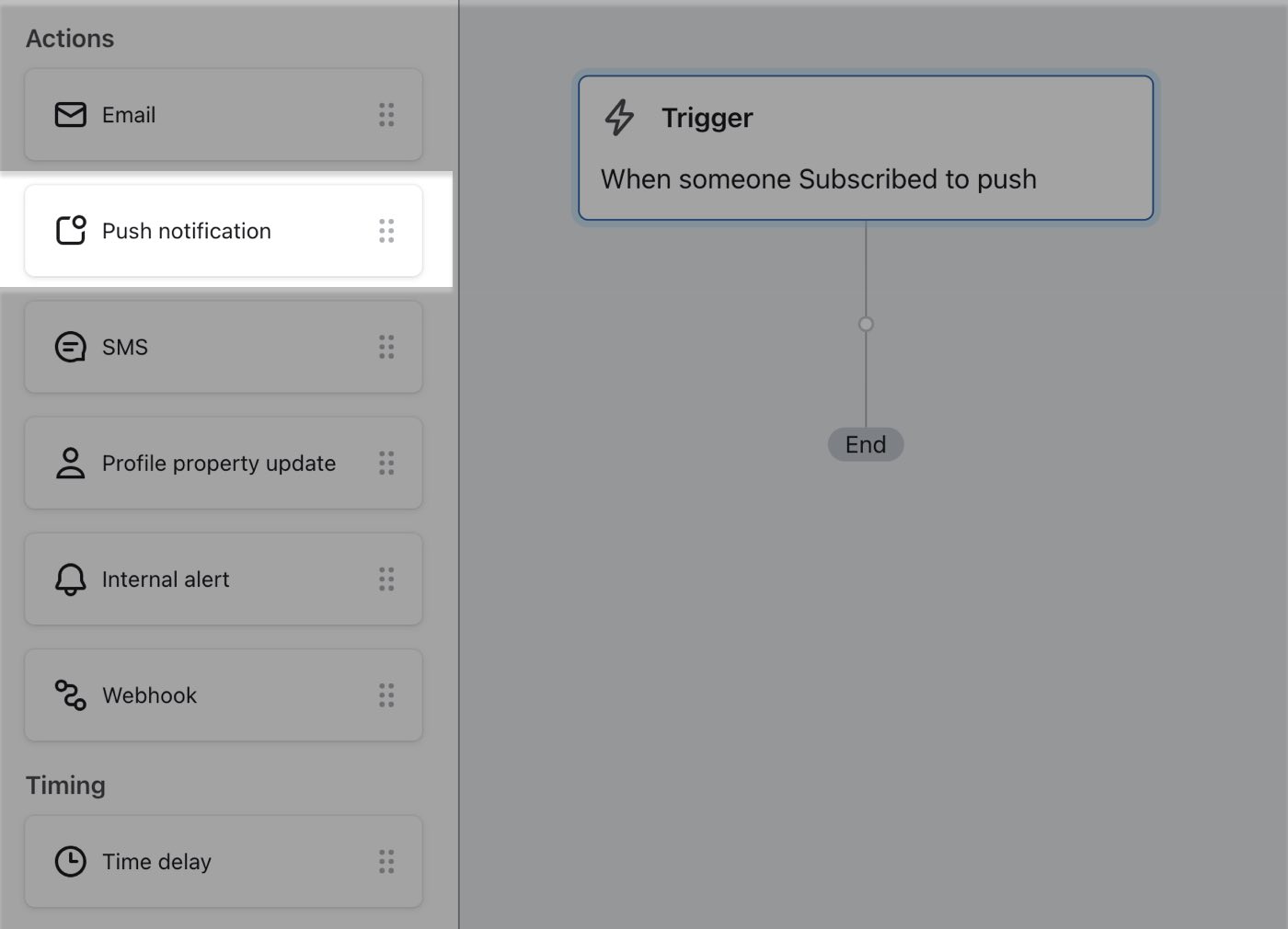 Die Flow-Builder-Seitenleiste mit Push-Benachrichtigung angeklickt.