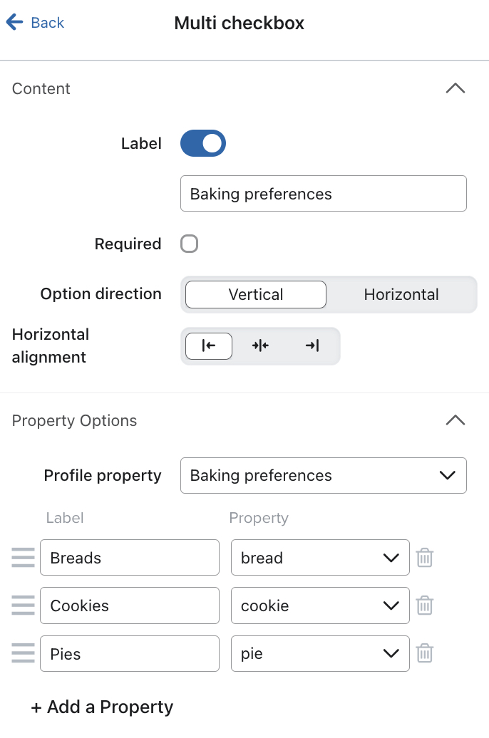 Das Multi-Checkbox-Menü im Formular-Editor zeigt ein Beispiel für eine Multi-Checkbox, die die Eigenschaft Backpräferenz Profil sammelt.