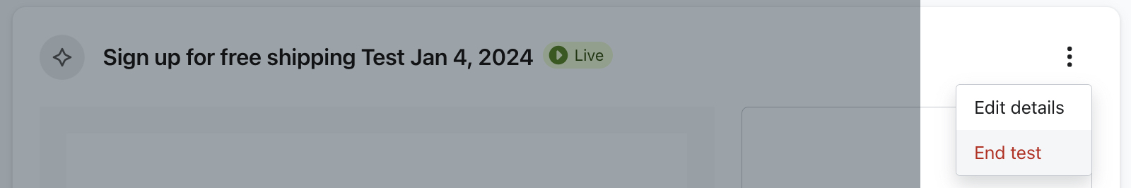 Die Option, den Test zu beenden, wird aus dem 3-Punkte-Dropdown-Menü in der oberen rechten Ecke der Seite mit den Ergebnissen des Optimierungstests ausgewählt.