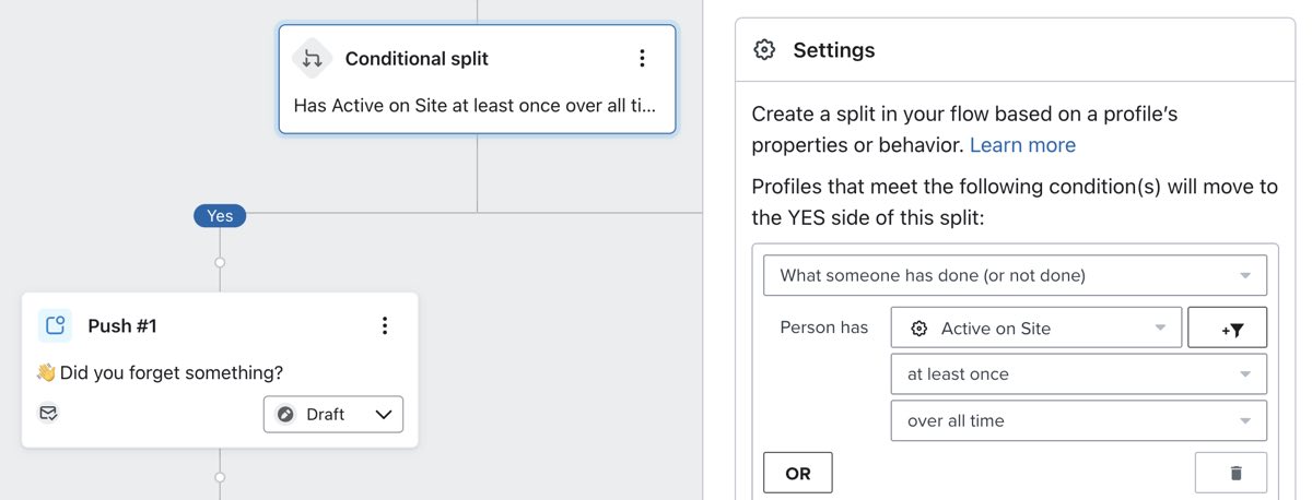 Conditional split configured to check if someone has triggered Active on Site at least once over all time.