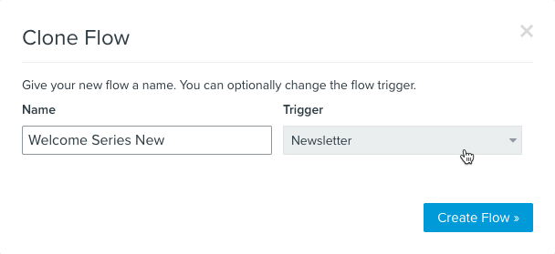 klonen Flow modal mit einem Textfeld zum Bearbeiten des Flow-Namens und einem Dropdown, das zum Ändern des Auslösers verwendet werden kann