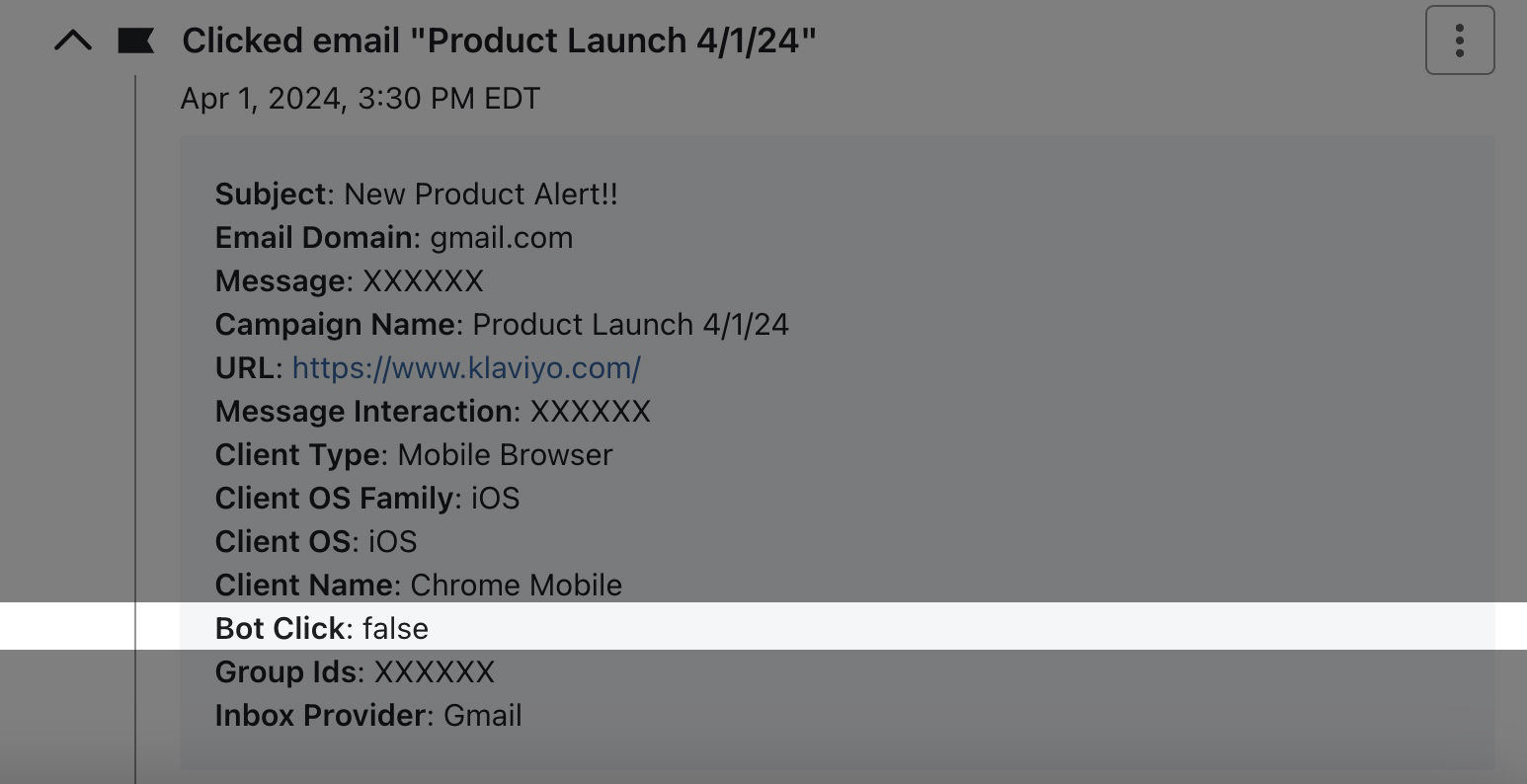 Bot-Klick-Ereignisdaten innerhalb des Clicked-E-Mail-Ereignisses in Klaviyo