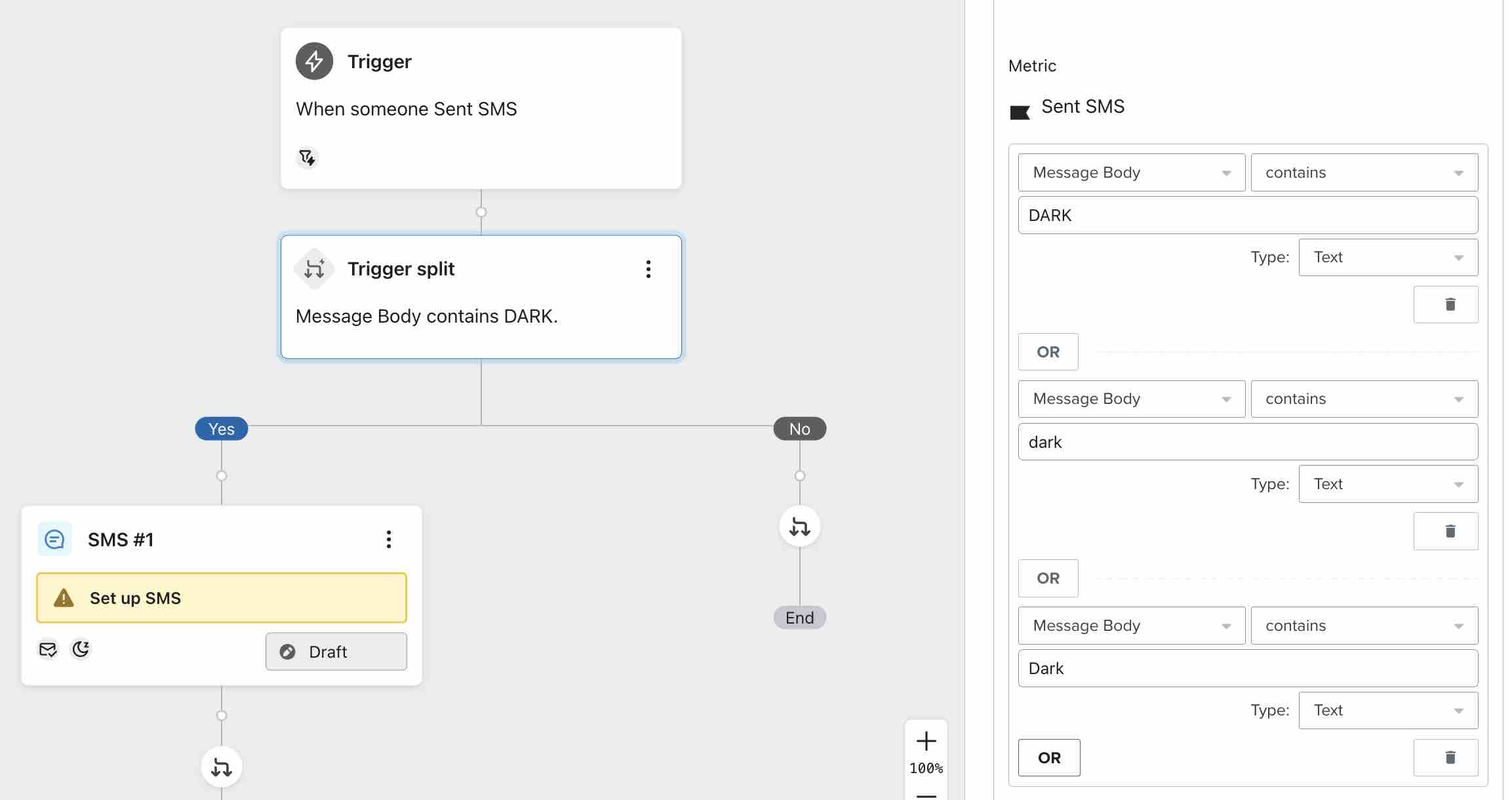 Flow setup when 2 words are the trigger