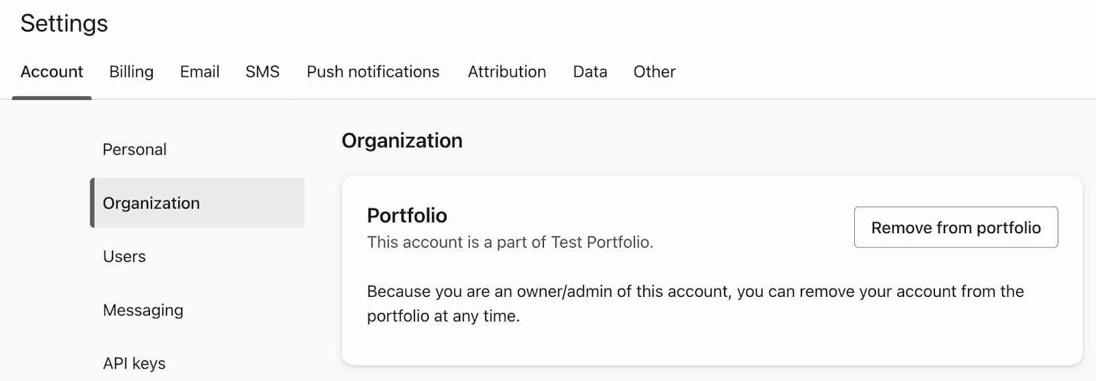 Registerkarte "Organisation" mit der Option, die Verknüpfung des Kontos mit einem Portfolio aufzuheben