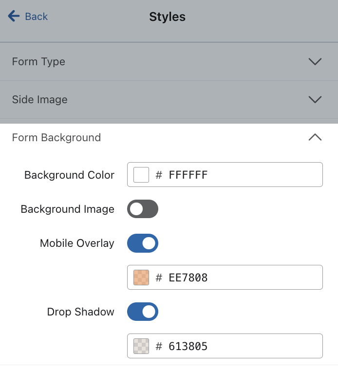 Der Abschnitt Formularhintergrund auf der Registerkarte Stile im Formulareditor zeigt sowohl Mobile Overlay als auch Drop Shadow Umschalter an und ist mit Beispielfarben konfiguriert.