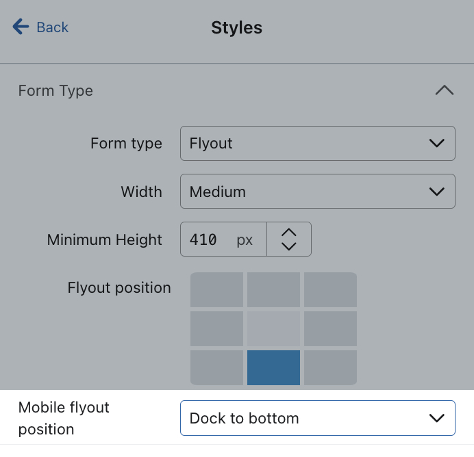 Die mobile Flyout Position auf der Registerkarte "Stile" für ein Beispiel-Flyout-Formular ist auf "Andocken an den Boden" eingestellt.