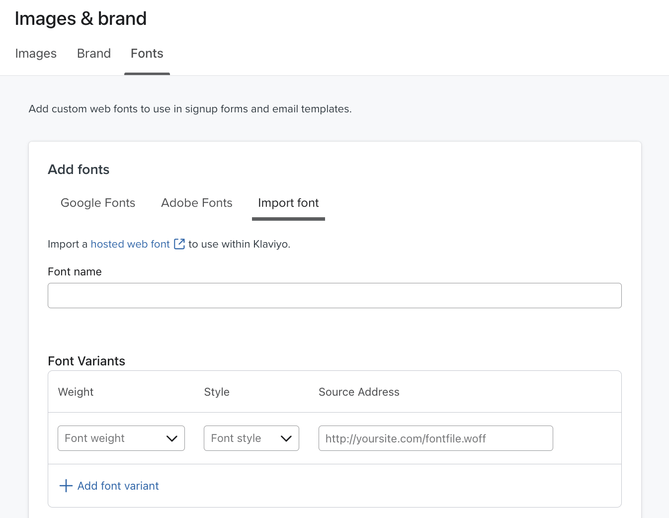 Das Menü zum Importieren von Schriftarten auf der Registerkarte für Bilder und Marke in Klaviyo.