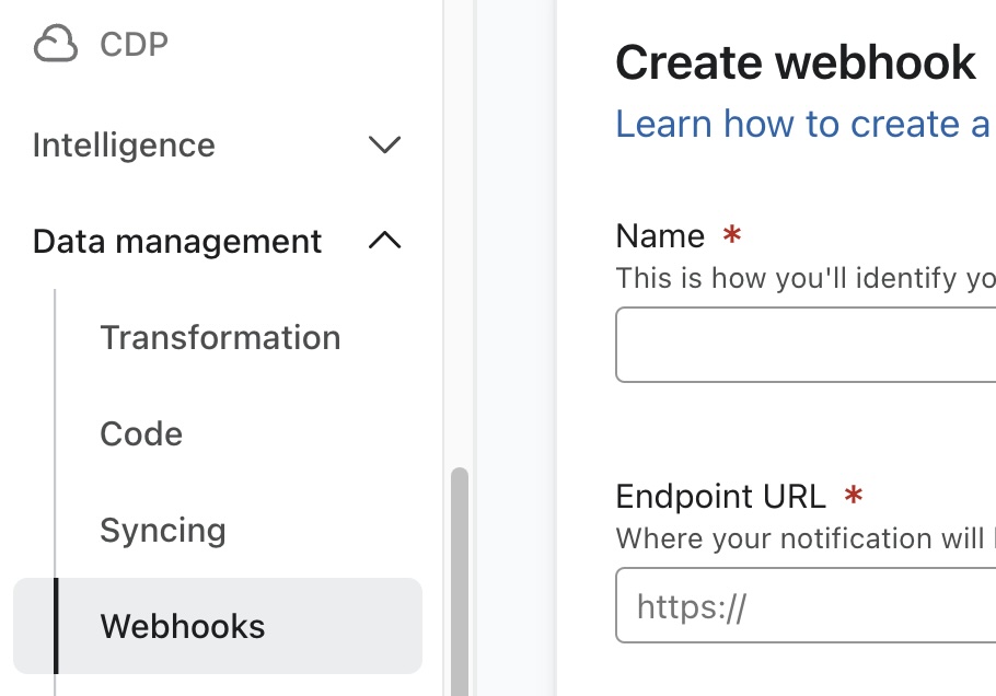 Webhook-Registerkarte in Klaviyo Kundendatenplattform