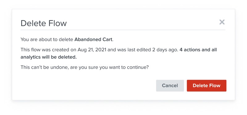 Delete Flow modal showing which flow is being deleted and asking the user to confirm.