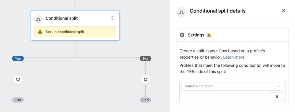 An unconfigured split placed onto the flow canvas with the details sidebar open