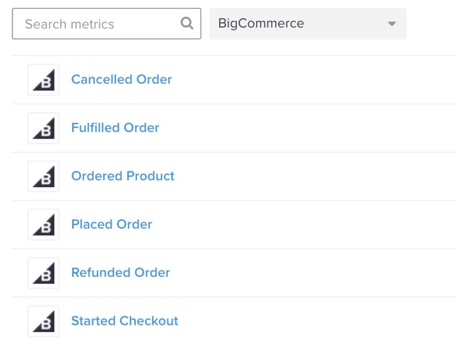 Pestaña de métricas en Klaviyo filtrada por BigCommerce mostrando la lista de métricas incluyendo Pedido Cancelado y Pedido Cumplido