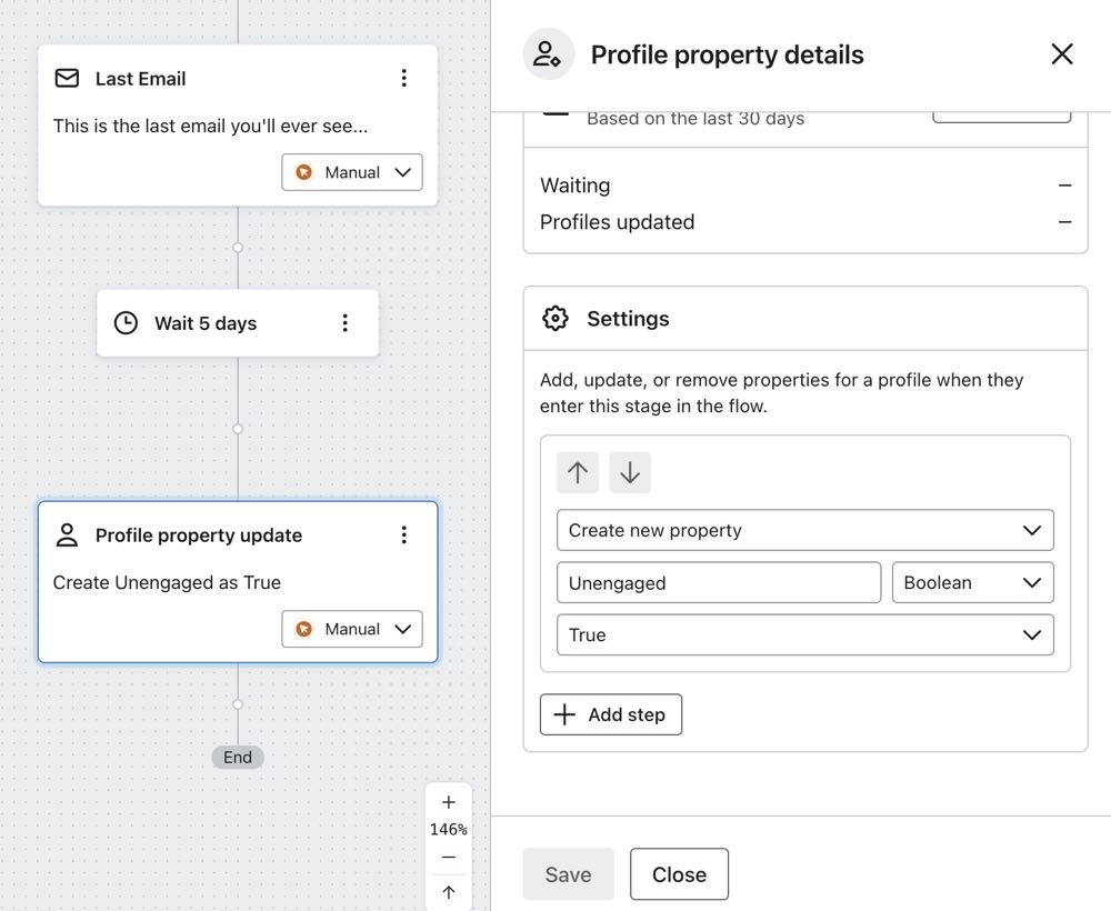 Example of an update profile property action at the end of the flow which sets Unengaged property to True