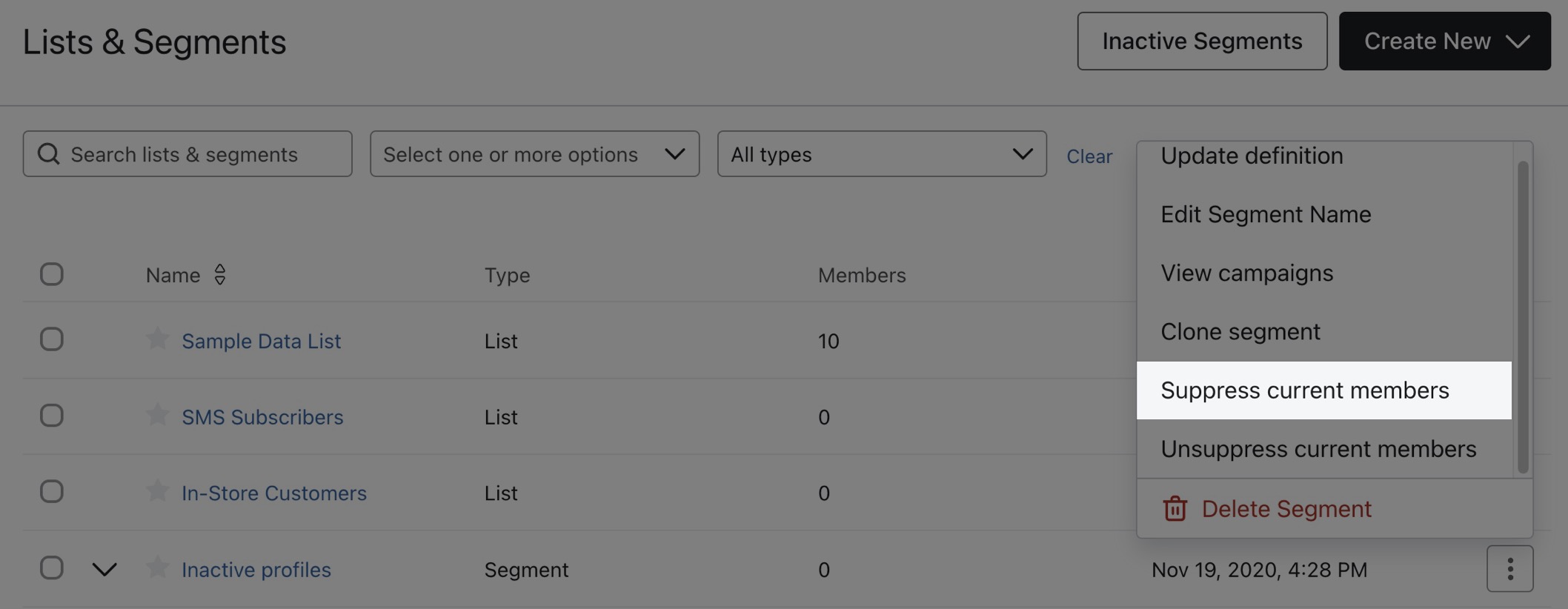 Bulk suppress option for segments