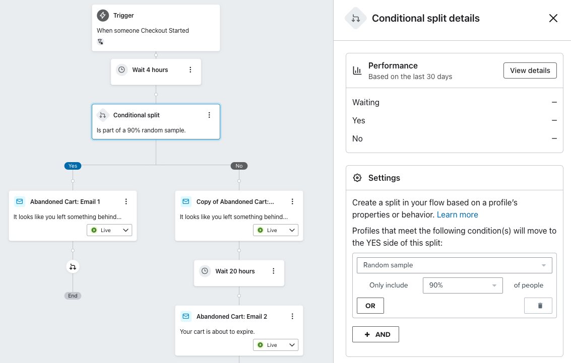 Conditional split configured to split based on 90% of a random sample.